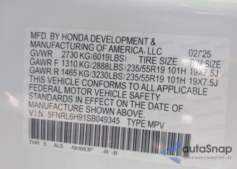 2025 Honda Odyssey Elite z USA, uszkodzony, nr VIN 5FNRL6H91SB049345